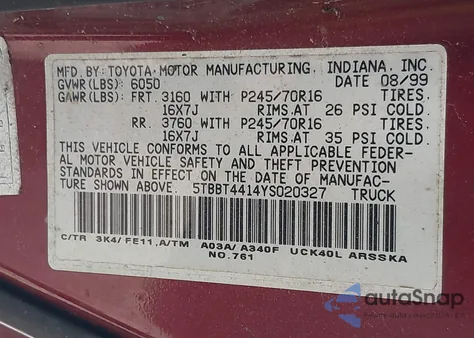 2000 Toyota Tundra Sr5 V8 из США, поврежденный, VIN 5TBBT4414YS020327